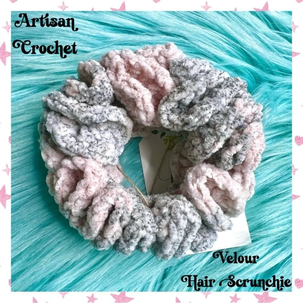 Handmade Crochet VELVET Dusty Rose Stretchy Hair Scrunchie PinkRainCloud